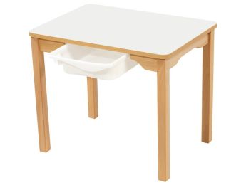 TISCH MIT BESCHICHTETER TISCHPLATTE + BEHÄLTER - FUSSTEIL AUS HOLZ -...