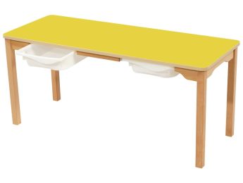 TISCH MIT BESCHICHTETER TISCHPLATTE + BEHÄLTER - FUSSTEIL AUS HOLZ -...