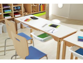 TISCH MIT BESCHICHTETER TISCHPLATTE + BEHÄLTER - FUSSTEIL AUS HOLZ -...