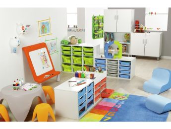 MEUBLE MÉLAMINÉ H: 51 cm - L: 70,5 cm 4 bacs - 2 étagères