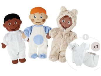 MAXI LOT 3 bébés Sweety (Martin, Amadou et Kenji) en tenue, couche et body