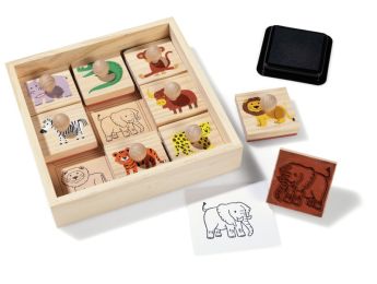 SETJE MET HOUTEN STEMPELS + INKTKUSSEN Dieren van de savanne