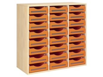 MÖBELSTÜCK MIT MELAMINBESCHICHTUNG H: 102 cm - L: 105 cm 24 Holzbehälter auf...