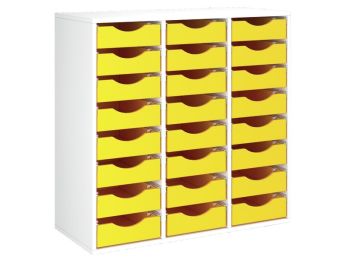 MÖBELSTÜCK MIT MELAMINBESCHICHTUNG H: 102 cm - L: 105 cm 24 Holzbehälter auf...