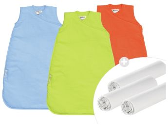 3 KLEINE STRAMPELSÄCKE AUS BAUMWOLLE+ 3 JERSEY-BETTLAKEN/SPANNBETTTÜCHER