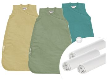 3 KLEINE STRAMPELSÄCKE AUS BAUMWOLLE+ 3 JERSEY-BETTLAKEN/SPANNBETTTÜCHER