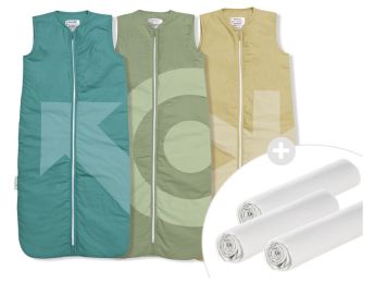 3 STRAMPELSÄCKE AUS BAUMWOLLE + 3 JERSEY-BETTLAKEN/SPANNBETTTÜCHER