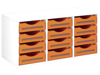 MÖBELSTÜCK MIT MELAMINBESCHICHTUNG H: 51 cm - L: 105 cm 12 Holzbehälter auf...