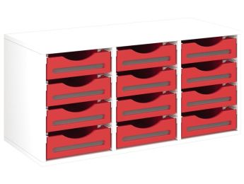 MÖBELSTÜCK MIT MELAMINBESCHICHTUNG H: 51 cm - L: 105 cm 12 Holzbehälter auf...