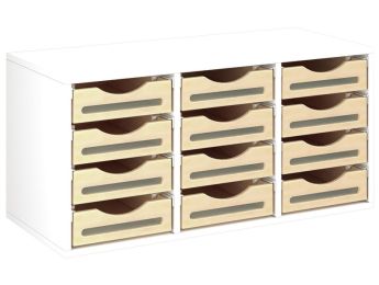 MÖBELSTÜCK MIT MELAMINBESCHICHTUNG H: 51 cm - L: 105 cm 12 Holzbehälter auf...