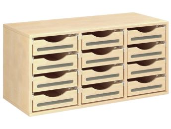 MÖBELSTÜCK MIT MELAMINBESCHICHTUNG H: 51 cm - L: 105 cm 12 Holzbehälter auf...