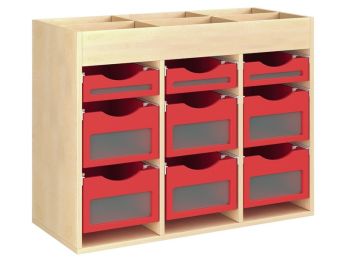 MÖBELSTÜCK MIT MELAMINBESCHICHTUNG H: 81 cm - L: 105 cm 9 Holzbehälter auf...