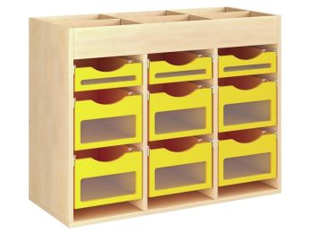 MÖBELSTÜCK MIT MELAMINBESCHICHTUNG H: 81 cm - L: 105 cm 9 Holzbehälter auf...