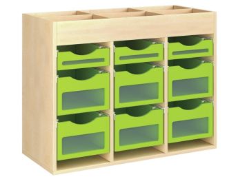 MÖBELSTÜCK MIT MELAMINBESCHICHTUNG H: 81 cm - L: 105 cm 9 Holzbehälter auf...