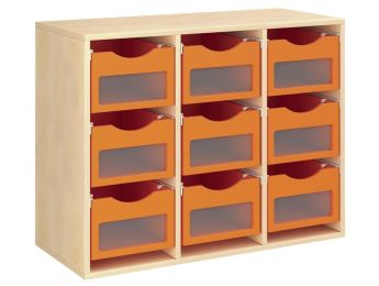 MÖBELSTÜCK MIT MELAMINBESCHICHTUNG H: 81 cm - L: 105 cm 9 Holzbehälter auf...