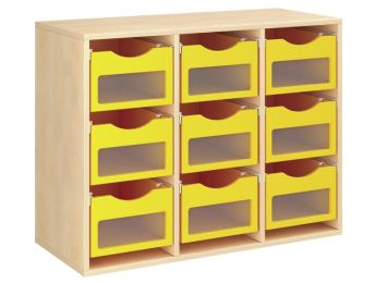 MÖBELSTÜCK MIT MELAMINBESCHICHTUNG H: 81 cm - L: 105 cm 9 Holzbehälter auf...