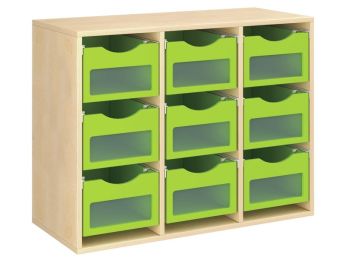 MÖBELSTÜCK MIT MELAMINBESCHICHTUNG H: 81 cm - L: 105 cm 9 Holzbehälter auf...