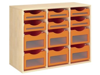 MÖBELSTÜCK MIT MELAMINBESCHICHTUNG H: 81 cm - L: 105 cm 12 Holzbehälter auf...