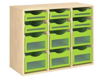 MÖBELSTÜCK MIT MELAMINBESCHICHTUNG H: 81 cm - L: 105 cm 12 Holzbehälter auf...