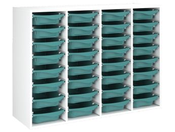 MEUBLE MÉLAMINÉ H: 102 cm - L: 139 cm 32 bacs plastique sur rails