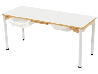 TISCH MIT BESCHICHTETER TISCHPLATTE + BEHÄLTER - METALLFUSSTEIL WEISS - 130x50...