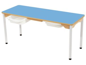 TISCH MIT BESCHICHTETER TISCHPLATTE + BEHÄLTER - METALLFUSSTEIL WEISS - 130x50...