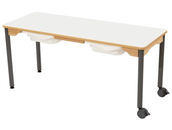 TISCH MIT BESCHICHTETER TISCHPLATTE + BEHÄLTER - METALLFUSSTEIL UND ROLLEN -...