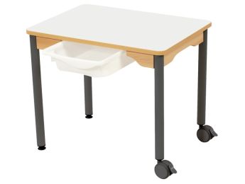 TISCH MIT BESCHICHTETER TISCHPLATTE + BEHÄLTER - METALLFUSSTEIL UND ROLLEN -...
