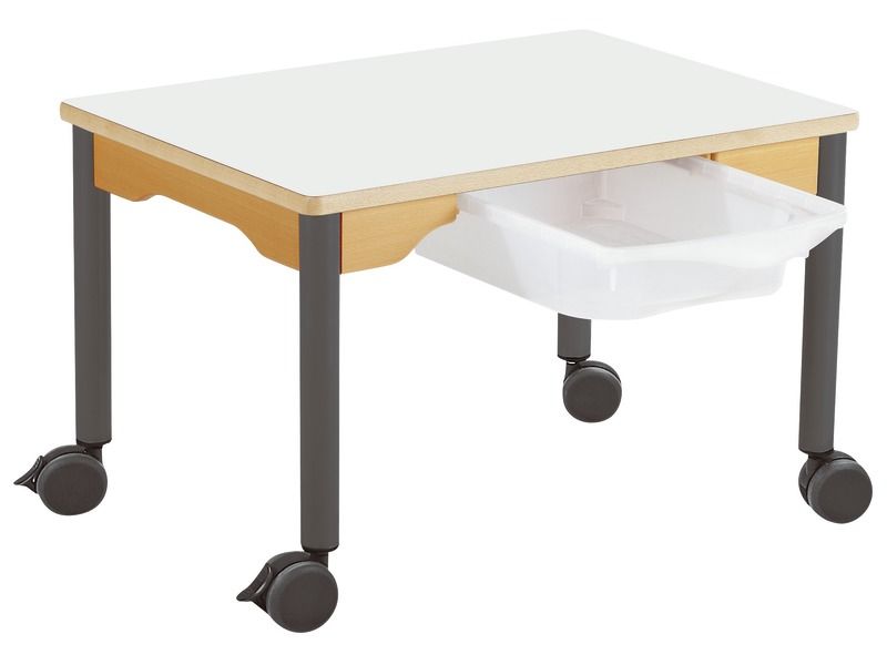 TISCH MIT BESCHICHTETER TISCHPLATTE + BEHÄLTER - FUSSTEIL MIT ROLLEN -...