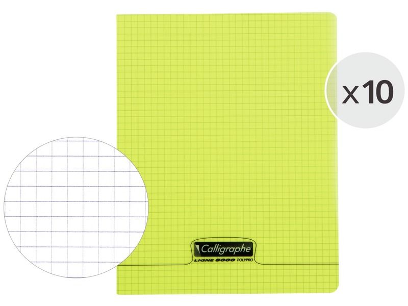 LOT DE 10 CAHIERS POLYPRO 17 x 22 cm - 96 pages 5x5 mm (petits carreaux)
