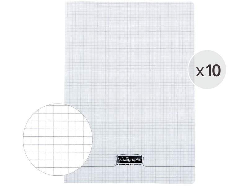 LOT DE 10 CAHIERS POLYPRO 24x32 cm - 96 pages 5x5 mm (petits carreaux)
