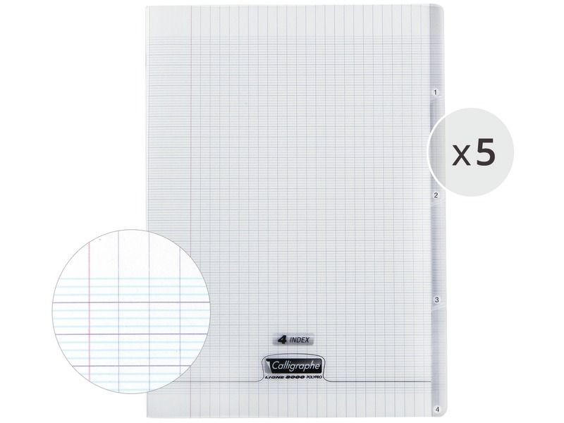 LOT DE 5 CAHIERS POLYPRO 4 index 24x32 cm - 140 pages