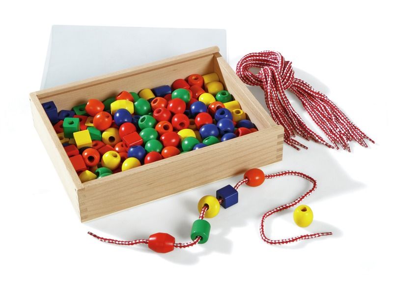 BOX of wooden LACING BEADS Bright colours