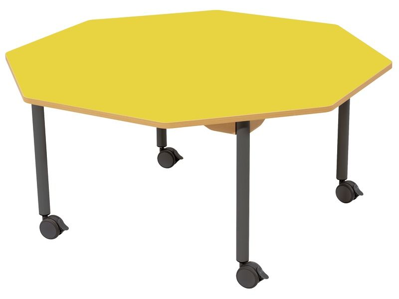 TABLE PLATEAU STRATIFIÉ - PIÉTEMENT À ROULETTES - Octogone Ø 120 cm.