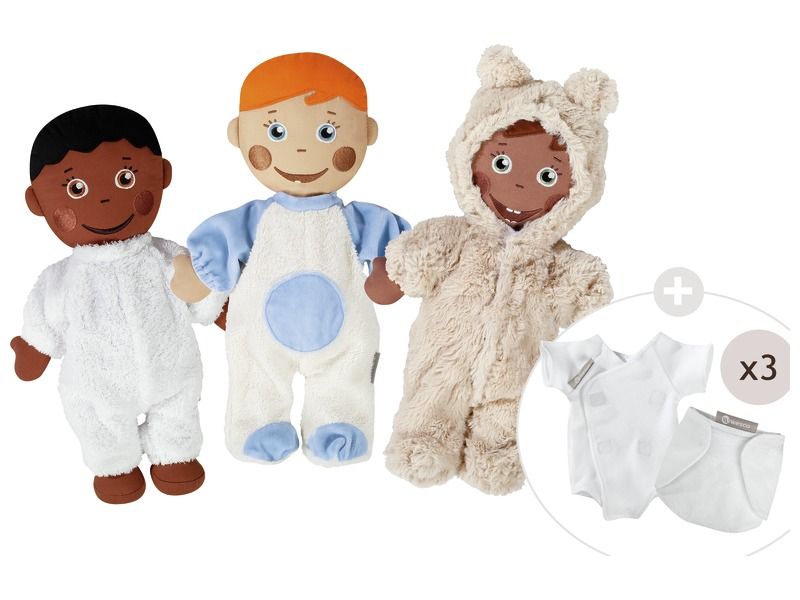 MAXI PACK – 3 Sweety babies (Martin, Amadou and Kenji) in outfits, nappies and bodysuits