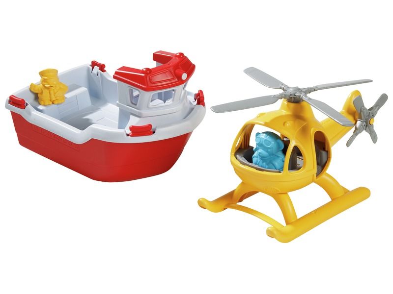 FAHRZEUG MIT ÖKO-DESIGN Schiff und Helikopter mit zwei Figuren