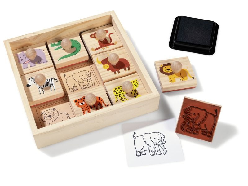 CASE OF WOODEN STAMPS + INK PAD Safari animals
