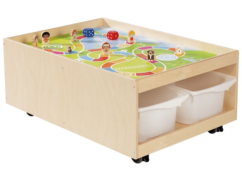 TABLE D'ACTIVITÉS MOBILE Babi Up avec 4 bacs + tapis de jeu "Parcours" + dés et 8 figurines