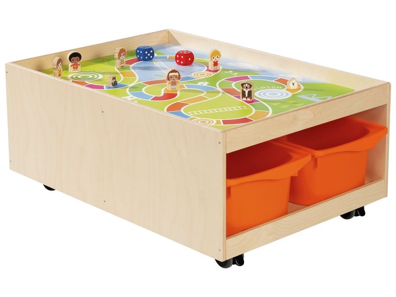TABLE D'ACTIVITÉS MOBILE Babi Up avec 4 bacs + tapis de jeu "Parcours" + dés et 8 figurines
