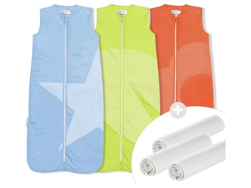 3 COTTON SLEEPING BAGS + 3 JERSEY FITTED SHEETS