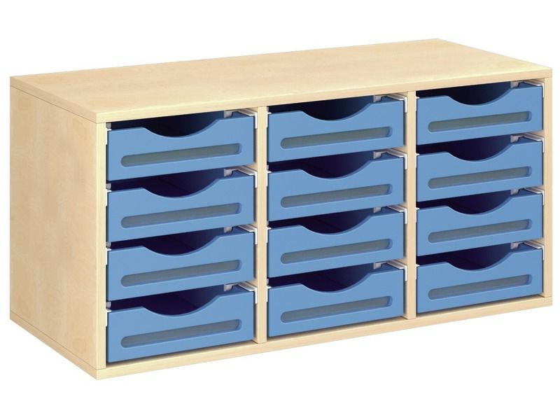 GEMELAMINEERD MEUBEL H: 51 cm - L: 105 cm 12 houten bakken op rails