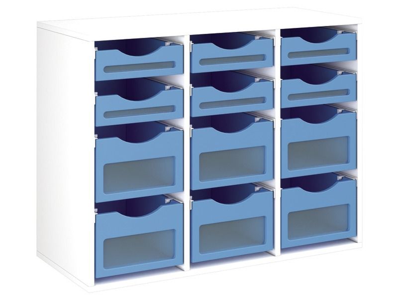 MELAMINE CABINET H: 81 cm - L: 105 cm 12 wooden containers on rails