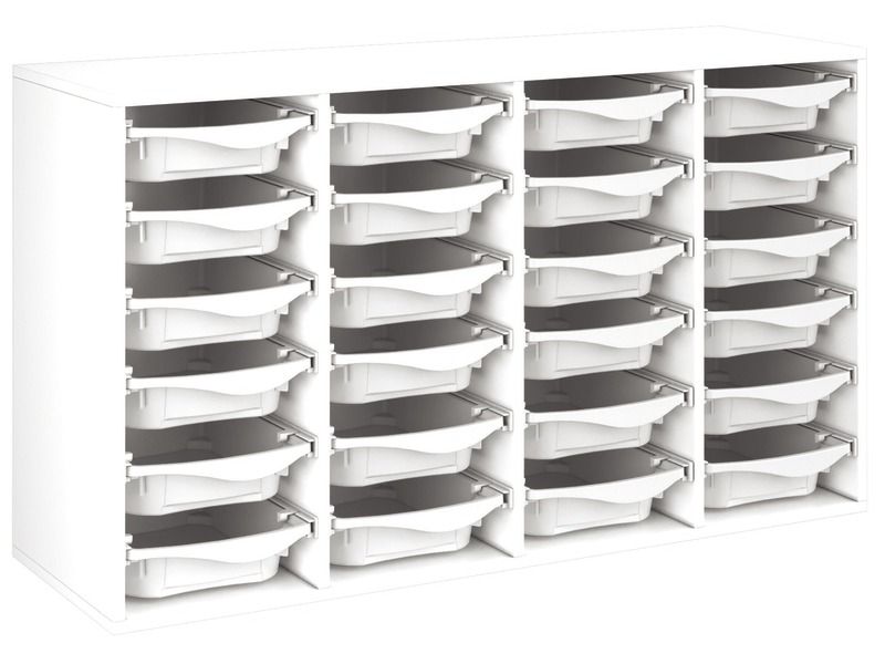 MEUBLE MÉLAMINÉ H: 81 cm - L: 139 cm 24 bacs plastique sur rails