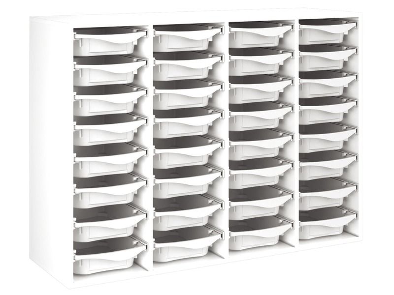 MEUBLE MÉLAMINÉ H: 102 cm - L: 139 cm 32 bacs plastique sur rails