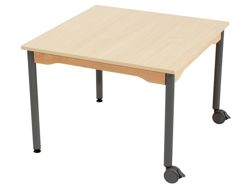 TABLE PLATEAU MÉLAMINÉ - PIÉTEMENT MÉTAL ET ROULETTES - Carré 80x80 cm