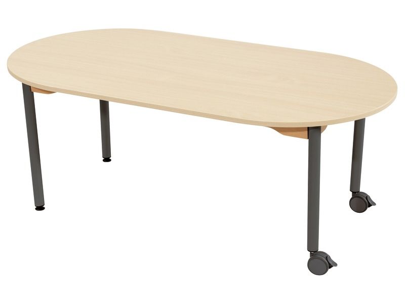 TABLE PLATEAU MÉLAMINÉ - PIÉTEMENT MÉTAL ET ROULETTES - Ovale 150x80 cm