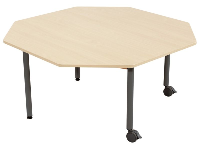 TABLE PLATEAU MÉLAMINÉ - PIÉTEMENT MÉTAL ET ROULETTES - Octogone Ø 120 cm