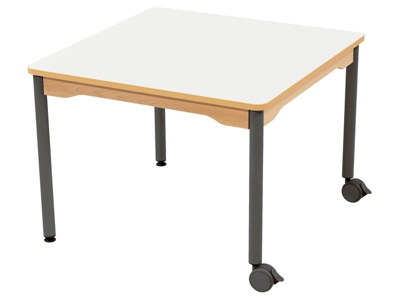 TABLE PLATEAU STRATIFIÉ - PIÉTEMENT MÉTAL ET ROULETTES - Carré 80x80 cm