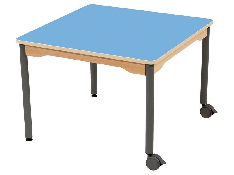 TABLE PLATEAU STRATIFIÉ - PIÉTEMENT MÉTAL ET ROULETTES - Carré 80x80 cm