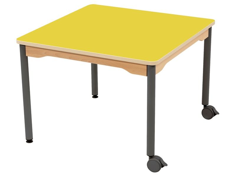 TABLE PLATEAU STRATIFIÉ - PIÉTEMENT MÉTAL ET ROULETTES - Carré 80x80 cm